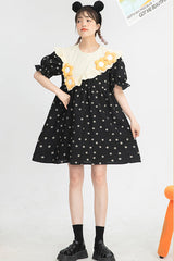 Black Ruffled Splicing Round Collar Bubble Short Sleeves Floral Print High Waisted Sweet Lolita Dress - Product - 2