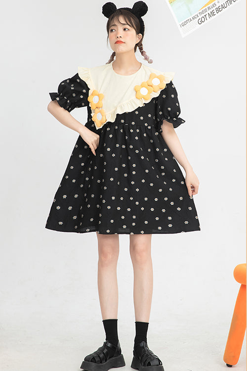 Black Ruffled Splicing Round Collar Bubble Short Sleeves Floral Print High Waisted Sweet Lolita Dress - Product - 2