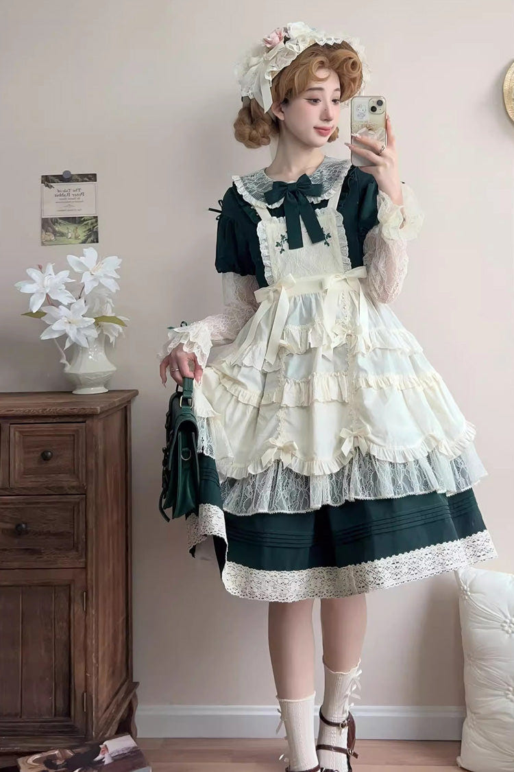 Green [Mist over Flowers Along the Path] Lapel Collar Long Sleeves Embroidery Bowknot Lace Sweet Lolita Dress - Product - 2