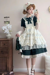 Green [Mist over Flowers Along the Path] Lapel Collar Long Sleeves Embroidery Bowknot Lace Sweet Lolita Dress - Product - 2