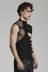 Black Sleeveless Hollow Suede Leather Stitching Irregular Mens Gothic Vest - Product - 2
