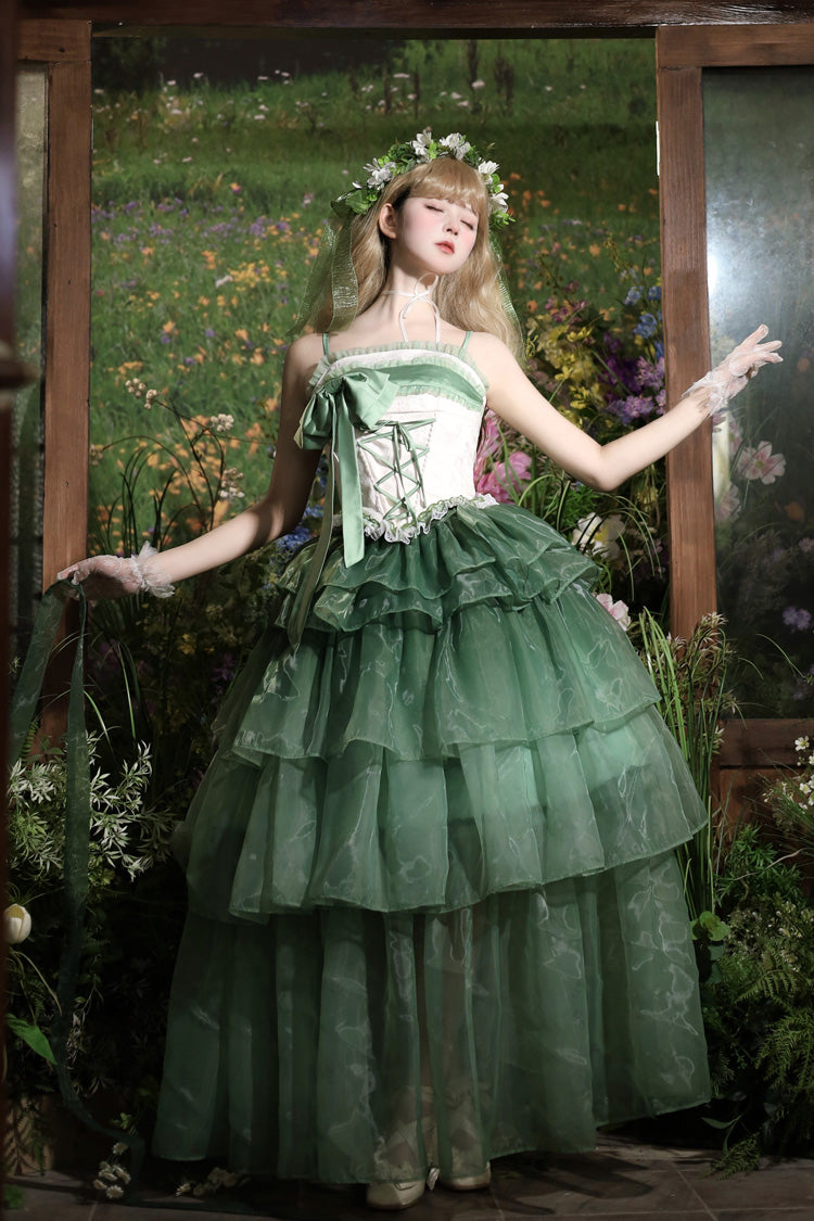 Green [Lily of the Valley in Falling Snow] Sleeveless Triple-Layered Ruffled Bow Lace-Up Sweet Elegant Lolita Skirt Dress Set - Product - 3