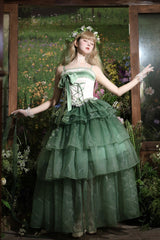 Green [Lily of the Valley in Falling Snow] Sleeveless Triple-Layered Ruffled Bow Lace-Up Sweet Elegant Lolita Skirt Dress Set - Product - 3