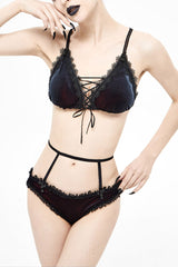 Black/Red Chest Lace-Up Velvet Women's Gothic Swimsuit Suit - Black/Red - 1