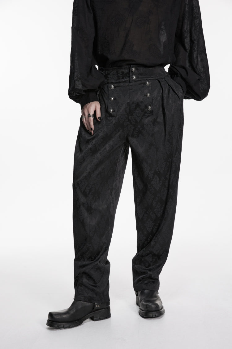 Black Floral Jacquard Men's Gothic Gorgeous Double-breasted Pants - Product - 7