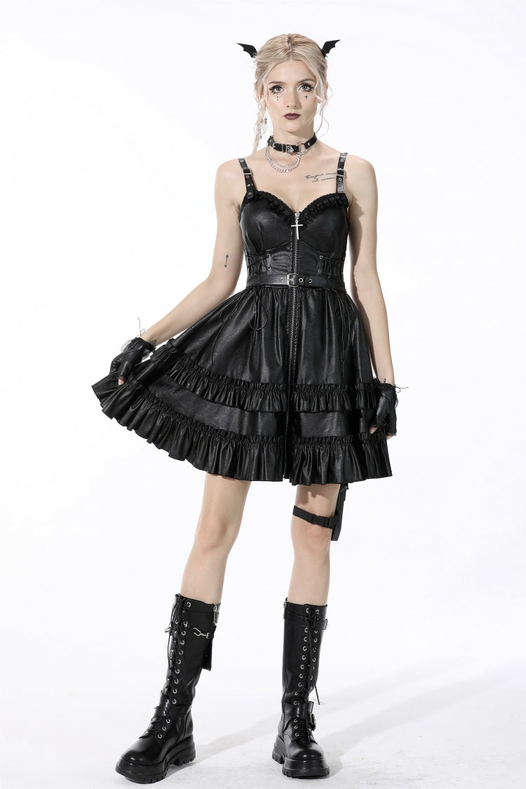 Black Sleeveless Layered Buckled Zippered Women's Gothic Faux Leather Strap Dress - Product - 9