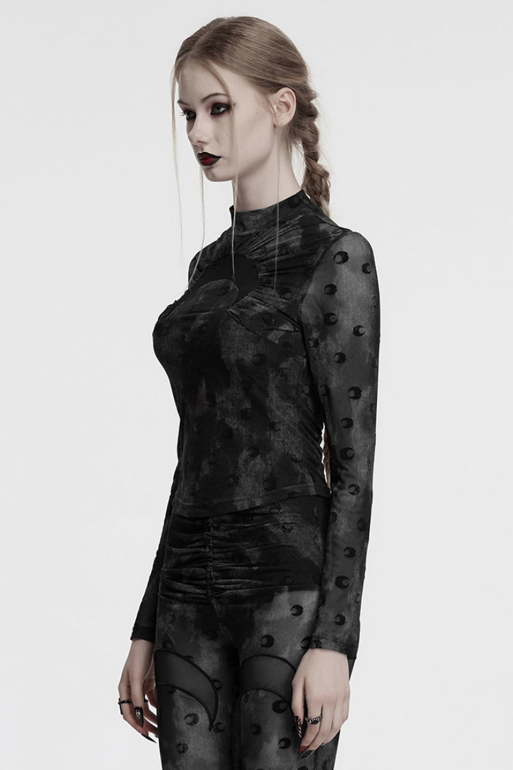 Grey Moon Print Mesh Ruched Women's Gothic Blouse - Product - 2