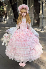 Pink [Ode of the Curtain] Multi-Layered Ruffled Hanayome Open-Front Bow Lace Lace-Up Sweet Long Lolita Jsk Dress - Product - 2