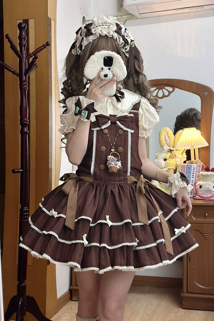 Brown Sleeveless Triple-Layered Printed Ruffled Bow Sweet Lolita Strap Dress - Brown - 1