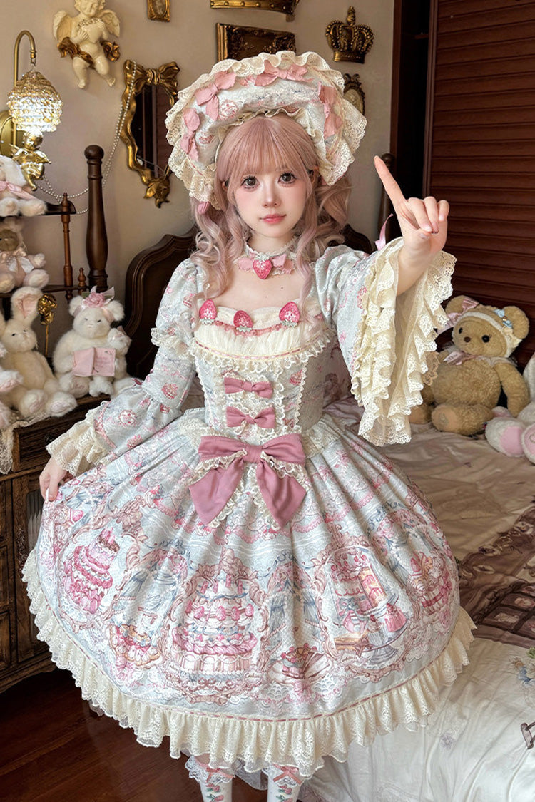 Blue/Pink [Victoria Cake] Square Collar Long Trumpet Sleeves Jacquard Printed Ruffled Bow Lace Sweet Lolita Dress - Product - 6