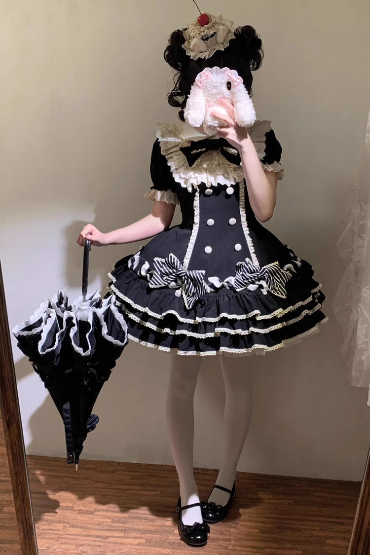 Black [Striped Layered] Short Sleeves Multi-Layered Ruffle Bowknot Sweet Princess Lolita Tiered Dress - Product - 2
