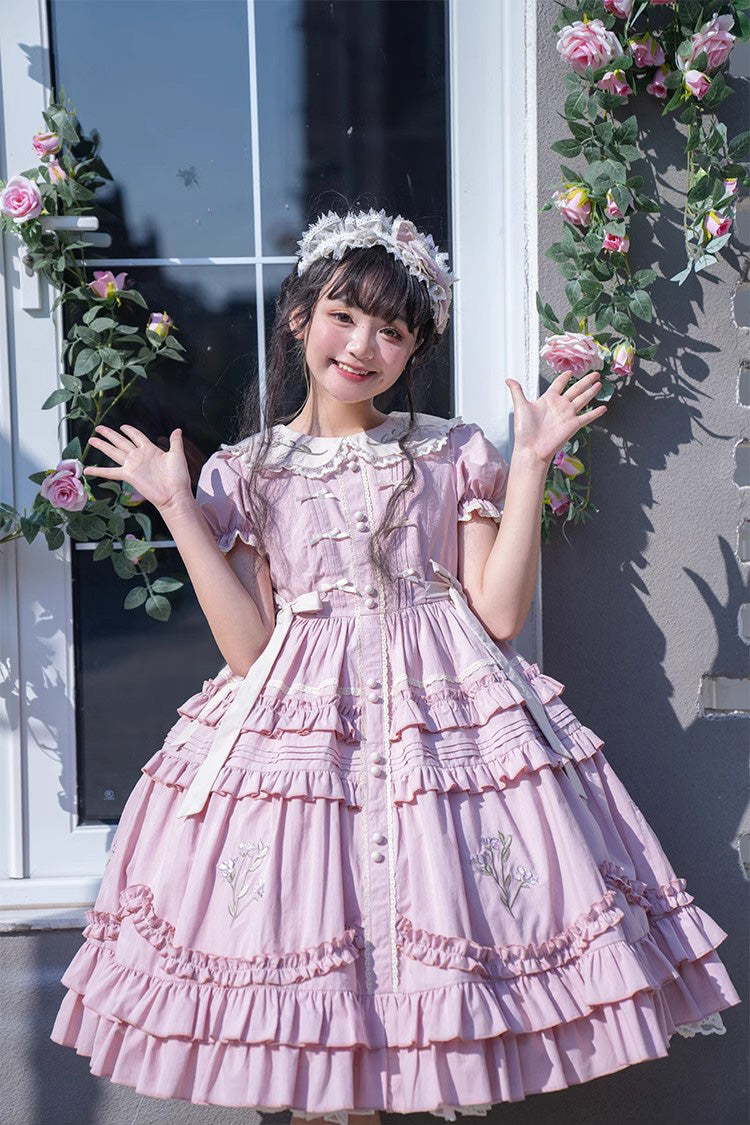 Pink Doll Collar Short Sleeves Iris Poem Print Ruffle Embroidery Sweet Lolita Dress - Product - 11