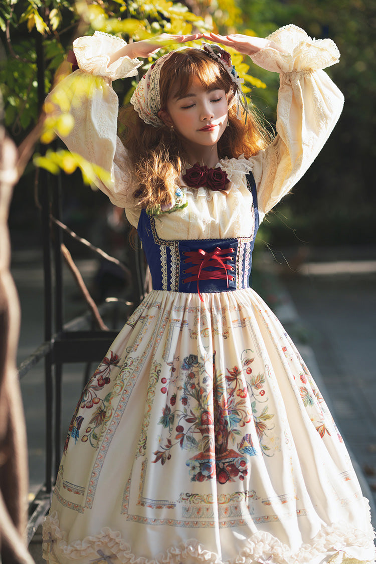 Ivory [Ode to Plenty] Berries and Birds Print Ruffle Bowknot Velvet Classic Lolita Breast Support Jsk Dress - Product - 5