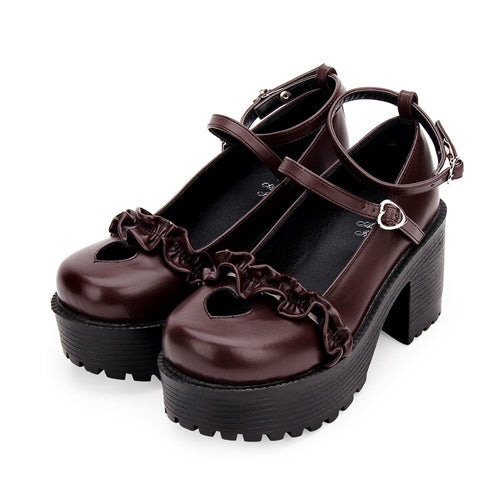 Round Toe Hollow Out Heart Shape Ruffle School Sweet Lolita Shoes - Brown - 4