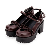 Round Toe Hollow Out Heart Shape Ruffle School Sweet Lolita Shoes - Brown - 4