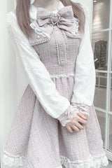 Grey/Pink Long Sleeves Bowknot Lace Pearl Sweet Jirai Kei Dress - Product - 6