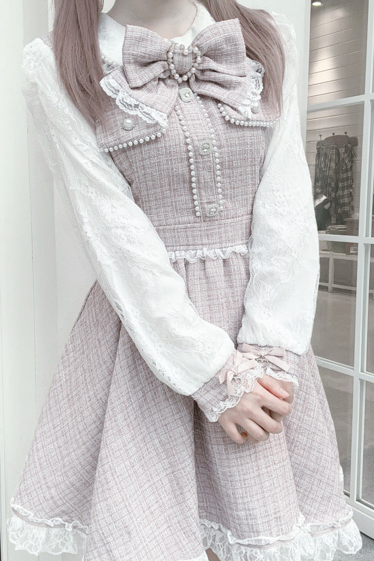 Grey/Pink Long Sleeves Bowknot Lace Pearl Sweet Jirai Kei Dress - Product - 6
