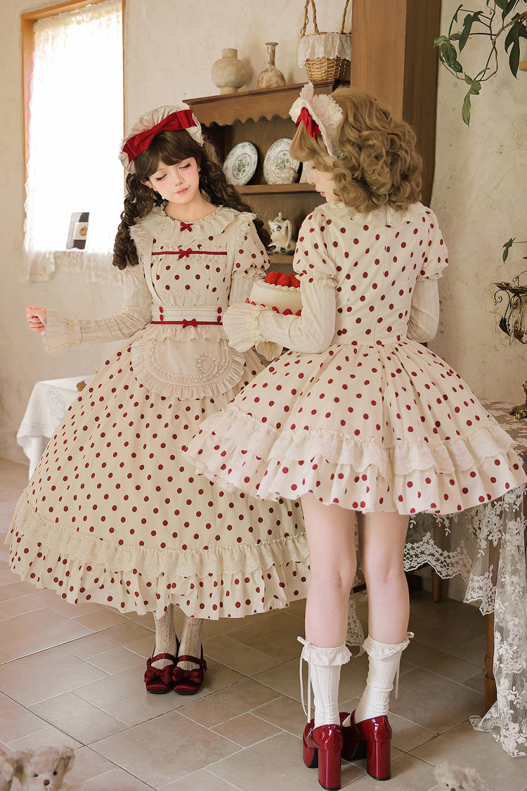 Apricot [Lollipop] Cotton Round Collar Long Lantern Sleeves Polka Dot Printed Ruffled Bow Lace Sweet Elegant Lolita Dress 2 Versions - Product - 14