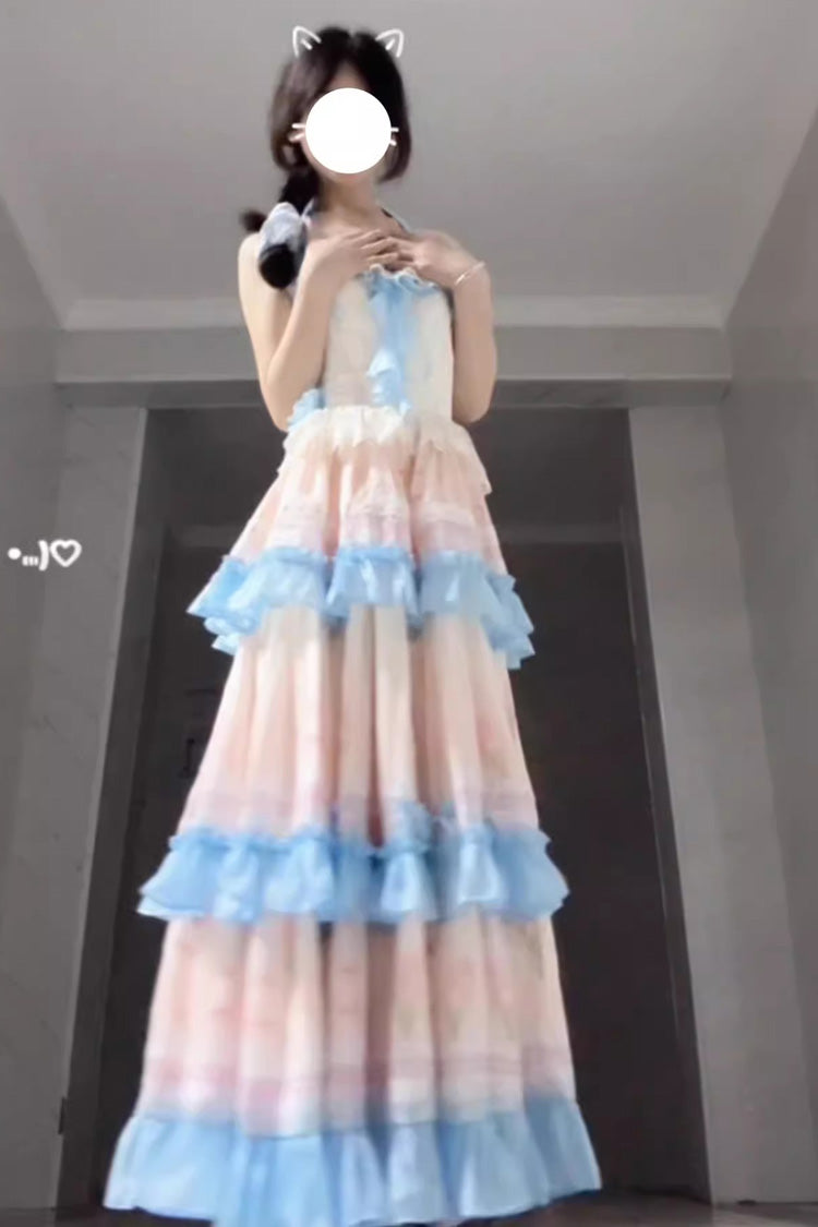 Blue/Pink [Meet the Sea] Triple-Layered Print Backless Ruffle Sweet Lolita Dress - Product - 5
