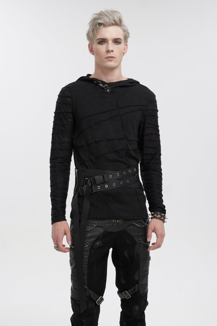 Black Lace-Up Slim Fit Asymmetric Buckled Eyelet Men's Punk Cool Decussate Belt - Black - 1
