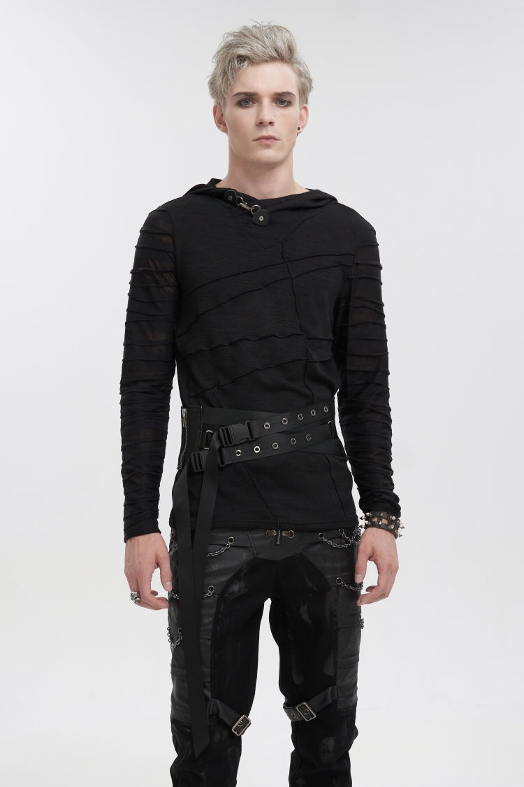 Black Lace-Up Slim Fit Asymmetric Buckled Eyelet Men's Punk Cool Decussate Belt - Black - 1