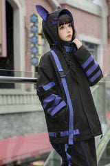 Blue/Black Long Sleeves Print Cat Ears Hooded Jirai Kei Handsome Coat - Product - 5