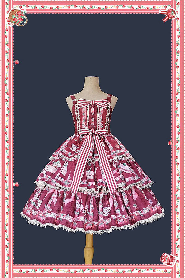 Strawberry Afternoon Tea Cake Ice Cream Print Bowknot Sleeveless Sweet Lolita Tiered Dress 3 Colors - Product - 7