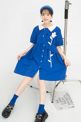 Blue Lapel Collar Short Sleeve High Waist Single Breasted Sweet Lolita Dress - Product - 3