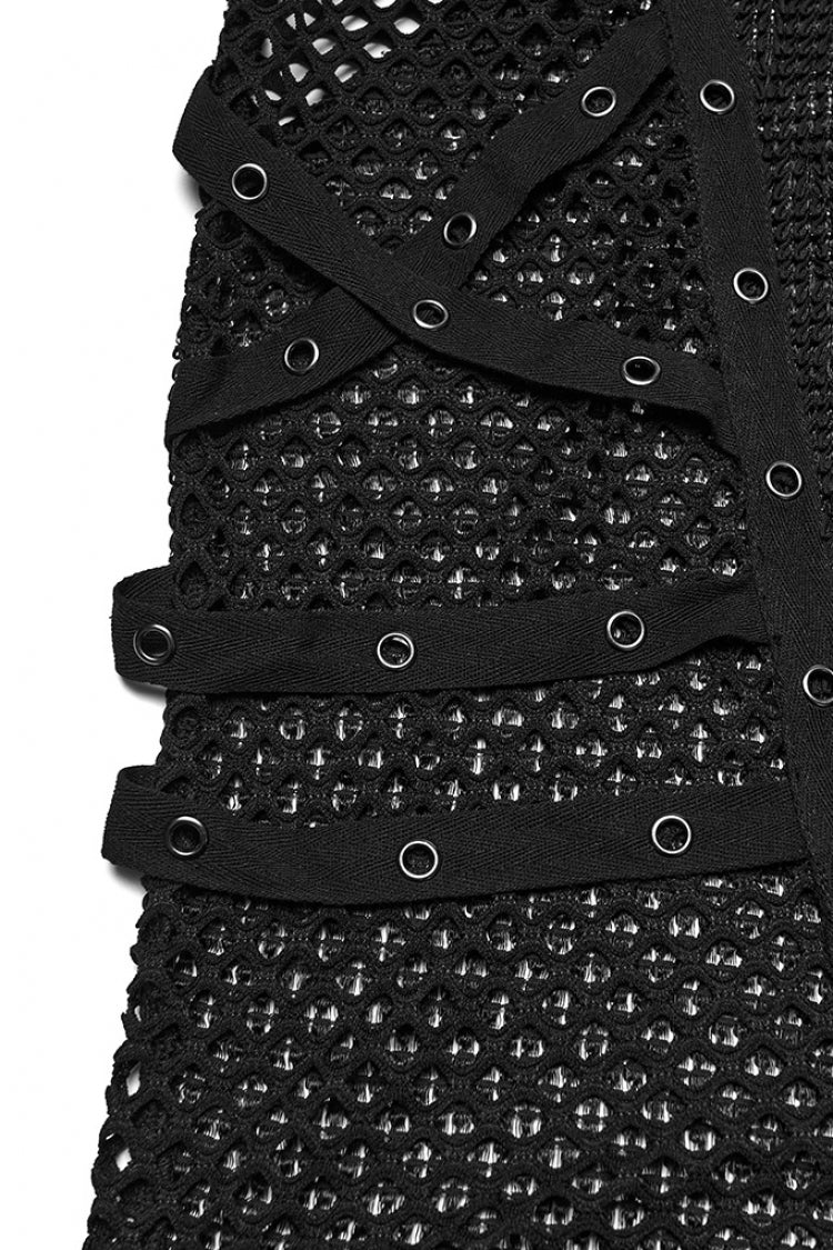Black Long Sleeves Mesh Eyelet Men's Punk T-Shirt - Product - 6