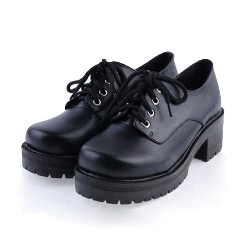 Black Synthetic Leather Round Toe Military Style Platform Lolita Shoes - Black - 1