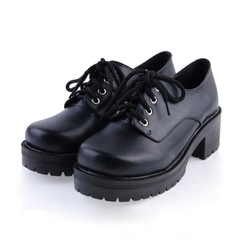 Black Synthetic Leather Round Toe Military Style Platform Lolita Shoes - Black - 1