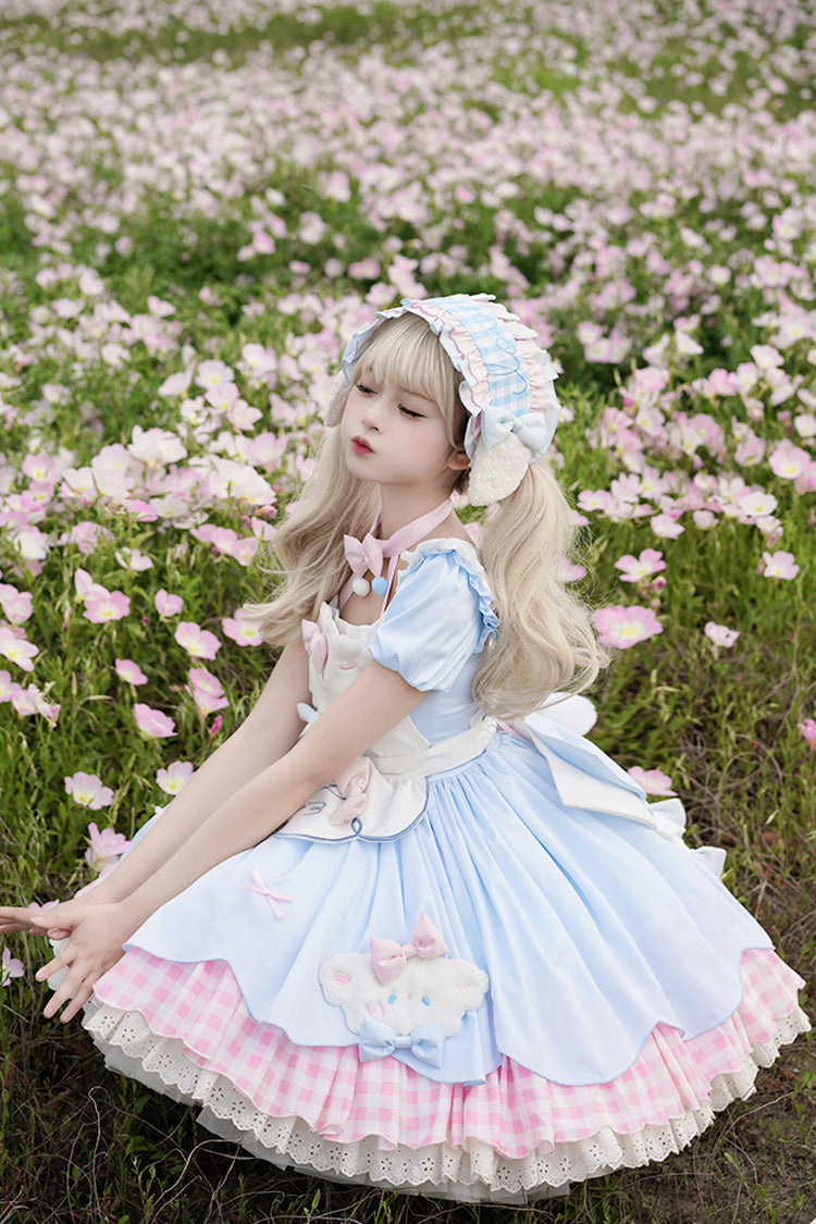 ブルー／ピンク [Lamb Story] ショート パフスリーブ 二層 チェック プリント フリル リボン スウィートロリータ ジャンパースカート（JSK） セット 商品画像