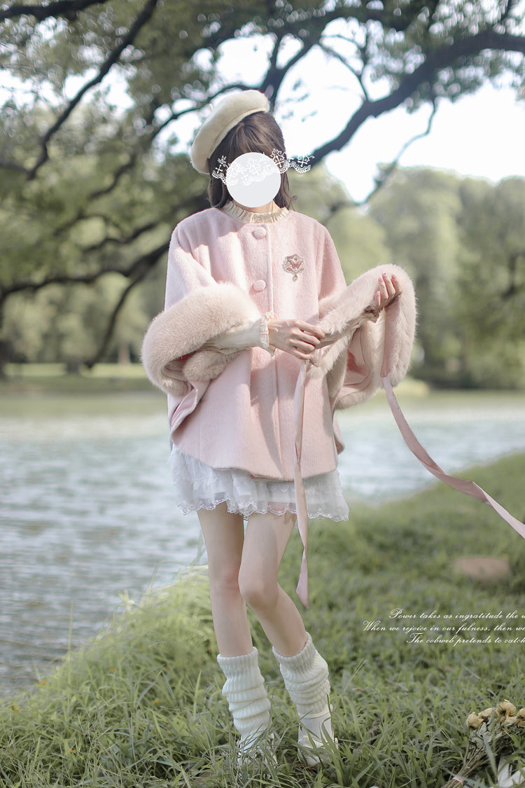 Pink Long Sleeves Lace Sweet Japanese Lolita Fluffy Cloak Coat - Product - 9