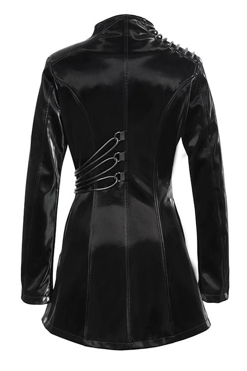 Black High Collar Slim Leather Womens Punk Coat - Product - 8