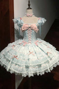 Green Flora Isle Butterfly Sleeveless Ruffle Bowknot Lace Lace-Up Sweet Elegant (Dress Only) front view