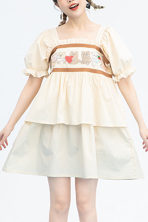 Beige Vintage Square Collar Ruffled Short Sleeves Cartoon Bear Print High Waisted Sweet Lolita Dress - Beige - 1