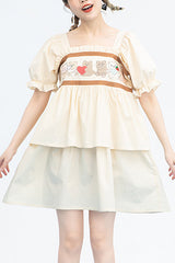 Beige Vintage Square Collar Ruffled Short Sleeves Cartoon Bear Print High Waisted Sweet Lolita Dress - Beige - 1