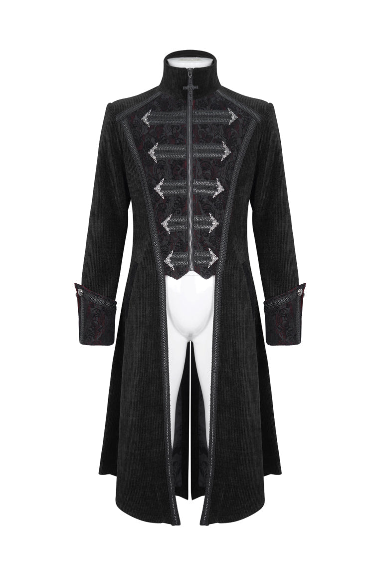 Black Stand Collar Long Sleeves Embroidery Slim Men's Gothic Coat - Product - 5