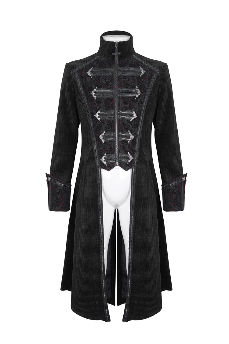 Black Stand Collar Long Sleeves Embroidery Slim Men's Gothic Coat - Product - 5