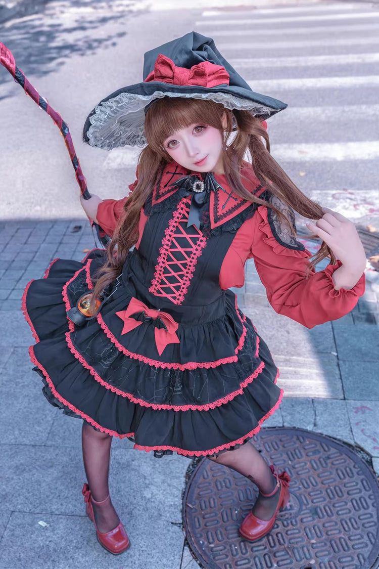 ブラック／レッド [Showa Cake] ノースリーブ 三層 フリル リボン レースアップ Witch ゴシックロリータ ジャンパースカート（JSK） 商品画像