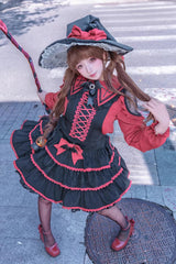 Black/Red [Showa Cake] Sleeveless Triple-Layered Ruffled Bow Lace-Up Witch Gothic Lolita Jsk Dress - Product - 6