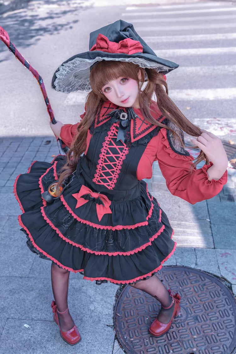 Black/Red [Showa Cake] Sleeveless Triple-Layered Ruffled Bow Lace-Up Witch Gothic Lolita Jsk Dress - Product - 6