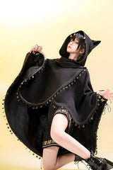 Black [Black Cat] Embroidery Cat Ears Hooded Ouji Gothic Prince Handsome Lolita Cloak - Product - 8