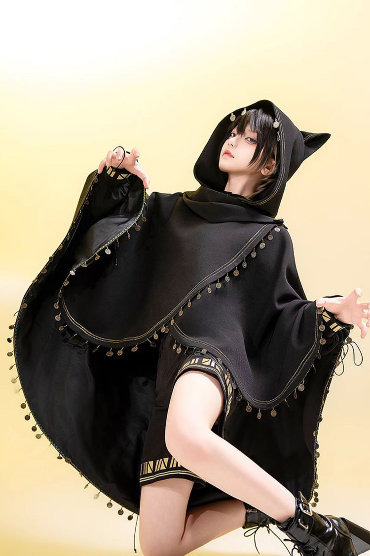 Black [Black Cat] Embroidery Cat Ears Hooded Ouji Gothic Prince Handsome Lolita Cloak - Product - 8