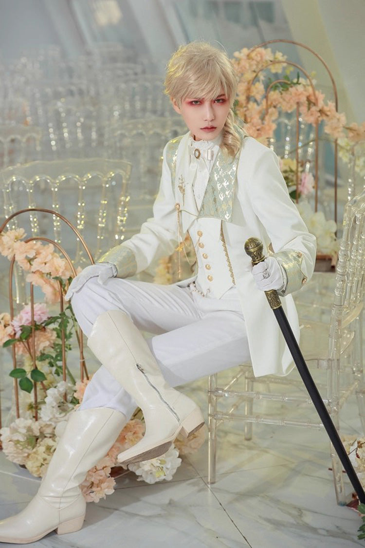 White [Eternal Rose Knight] Stand Collar Long Sleeves Ruffle Vintage Elegant Prince Handsome Lolita Blouse - Product - 3