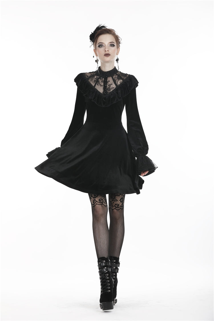 Black V-neck Long Sleeves Ruched Ruffled Lace Women's Lolita Gothic Velvet Dress - Product - 6