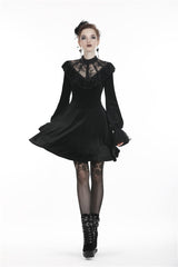 Black V-neck Long Sleeves Ruched Ruffled Lace Women's Lolita Gothic Velvet Dress - Product - 6
