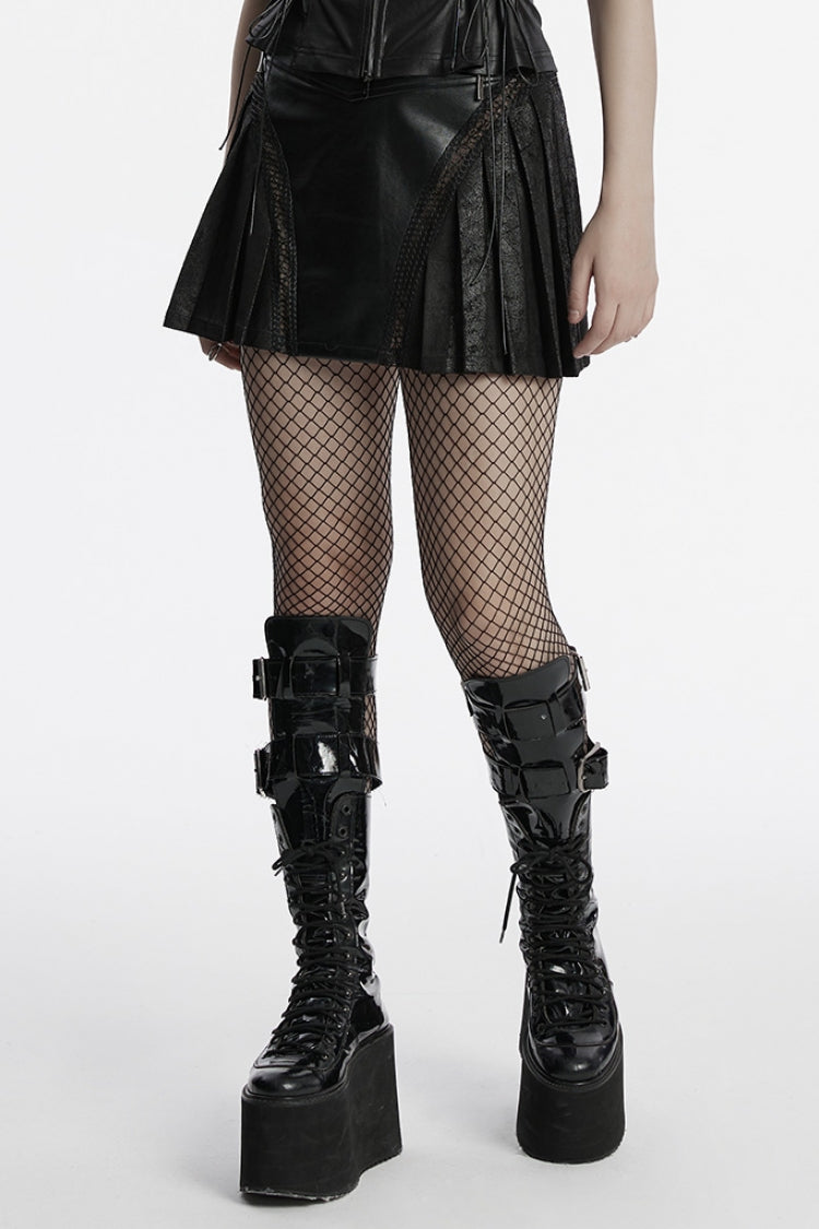 Black Faux Leather Pleated Stitching Women's Punk Skirt - Product - 2