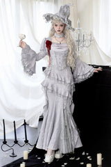 Silver Grey [Twilight] Ruffle Lace Irregular Gothic Witch Lolita Fishtail Skirt Set - Silver-Grey - 1