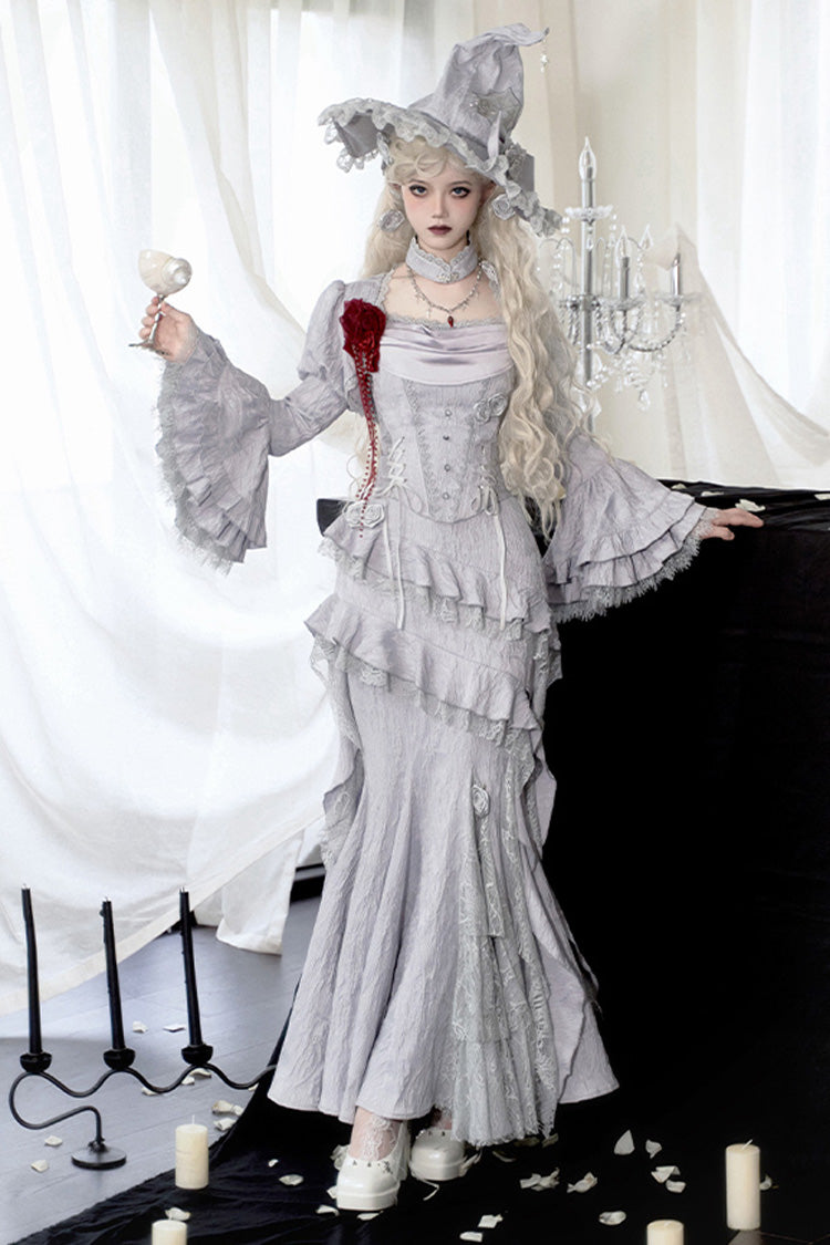 Silver Grey [Twilight] Ruffle Lace Irregular Gothic Witch Lolita Fishtail Skirt Set - Silver-Grey - 1